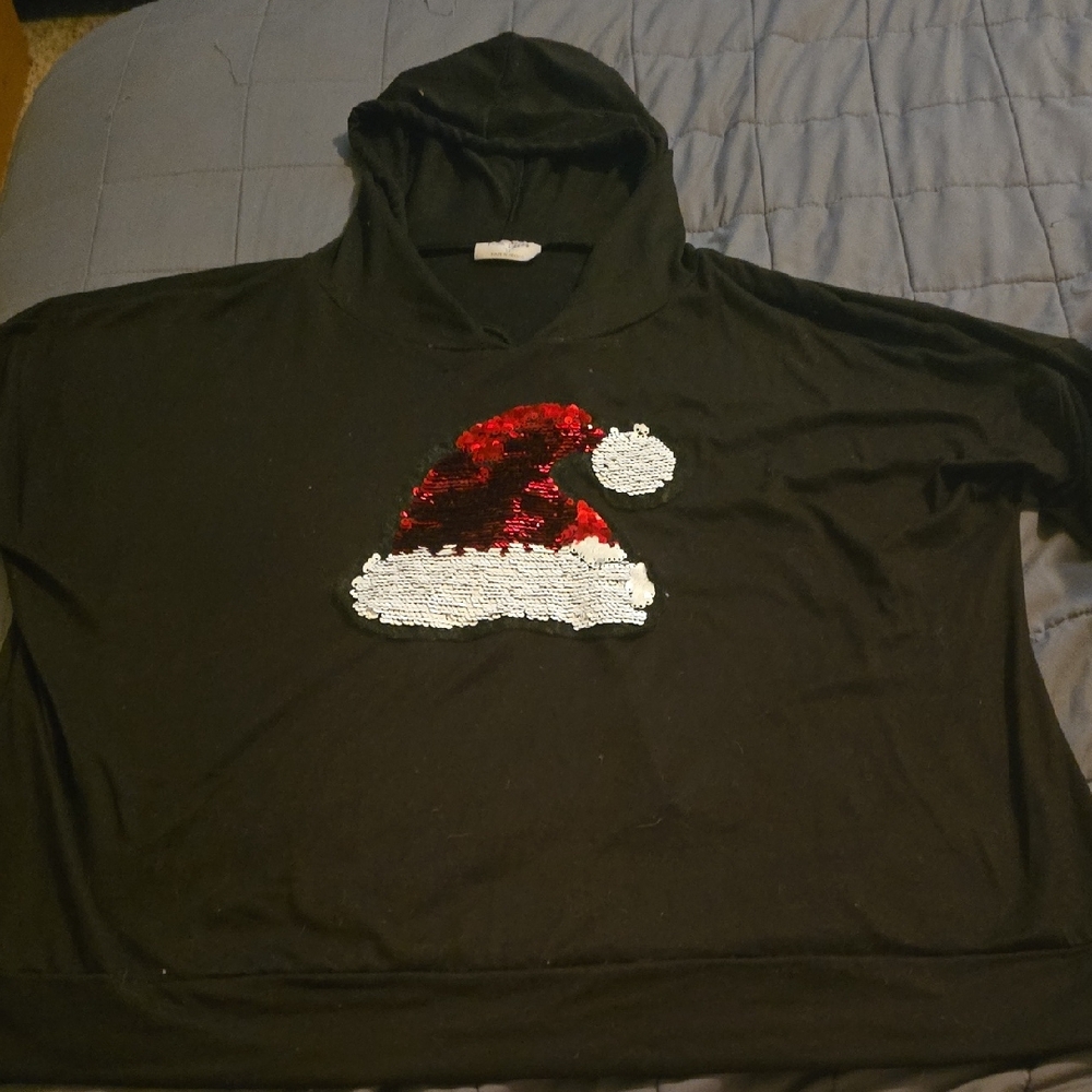 Free Kisses Black Hoodie with Red and White Sequin Santa Hat